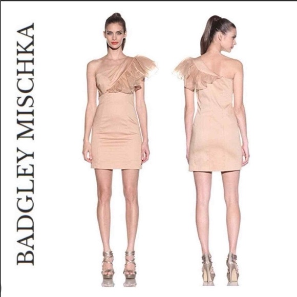 Mark + James by Badgley Mischka Organza One-Shoulder Tan Ruffle Dress - Picture 11 of 11